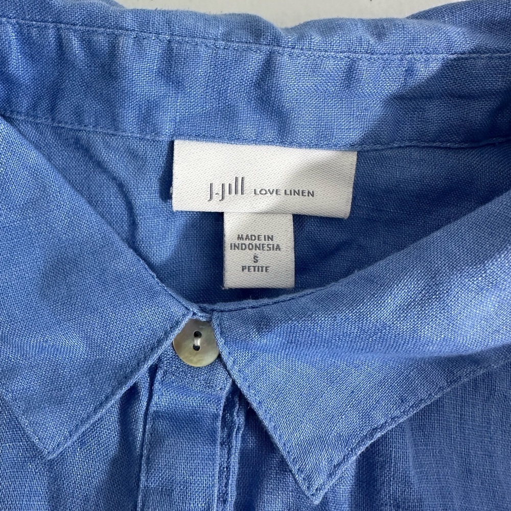 J Jill Love Linen Sz S Petite Blue Half Button Tunic With Side Pockets Roll Tab - Picture 8 of 12